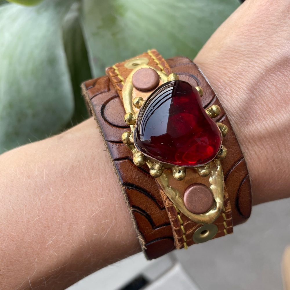 Brown Leather Bracelet with Red heart and copper accents